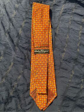 Salvatore Ferragamo Orange Geometric Silk Tie with Yellow Accents